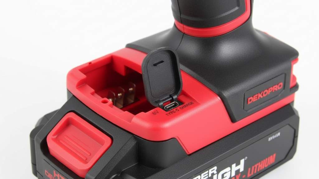 DEKOPRO 8V cordless drill battery compartment and Type-C charging port detail