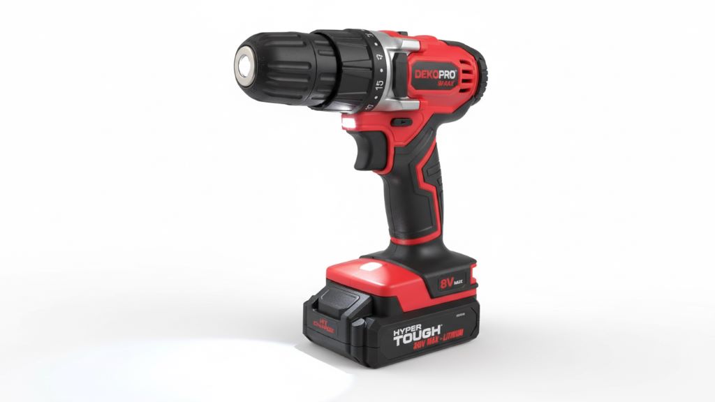 DEKOPRO 8V cordless drill showing keyless chuck and built-in LED light