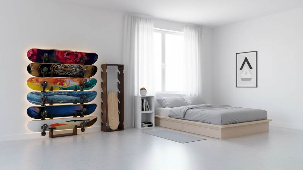 Inspiring minimalist skater room decor featuring mounted skateboards as wall art with LED lighting accents
