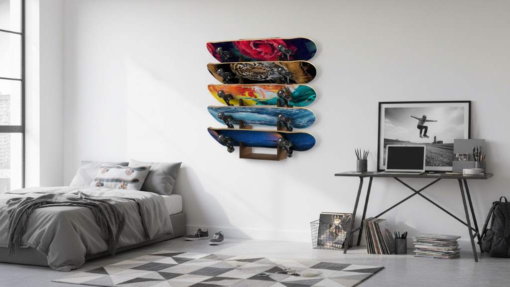 Modern skater bedroom with Koutemie 5-layer skateboard wall rack displaying colorful decks vertically on a white wall