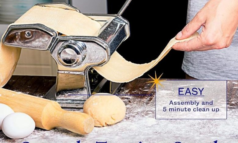 Nuvantee 2-in-1 pasta maker on a counter with 7 adjustable thickness settings.