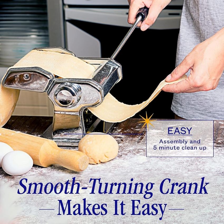 Nuvantee 2-in-1 pasta maker on a counter with 7 adjustable thickness settings.