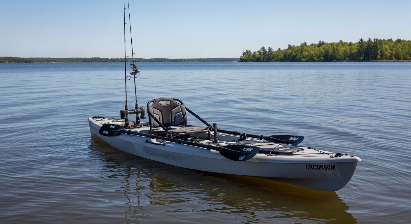 angler fishing from stable sit-on-top kayak on calm lake