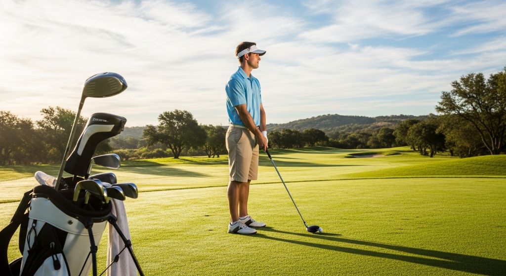 A golfer holding an iron on a fairway with a driver resting against a golf bag nearby, illustrating the practical iron vs driver choice during a round of golf