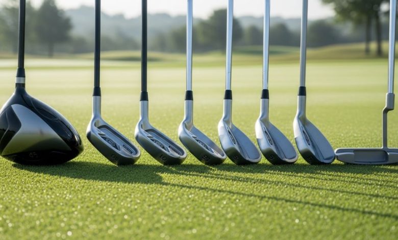 A complete set of golf club types displayed side by side on green grass, including driver, irons, wedges, and putter, showing size and shape differences clearly