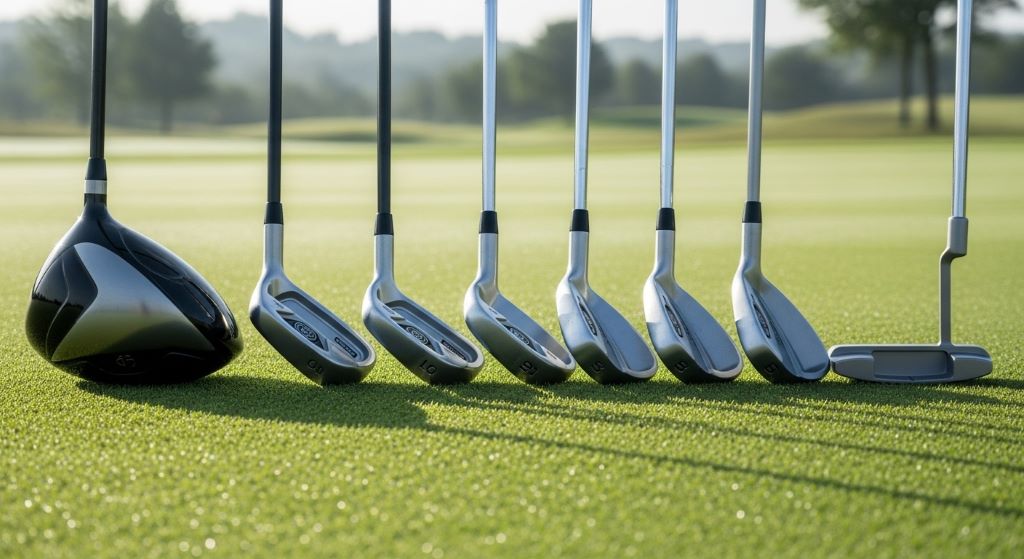 A complete set of golf club types displayed side by side on green grass, including driver, irons, wedges, and putter, showing size and shape differences clearly