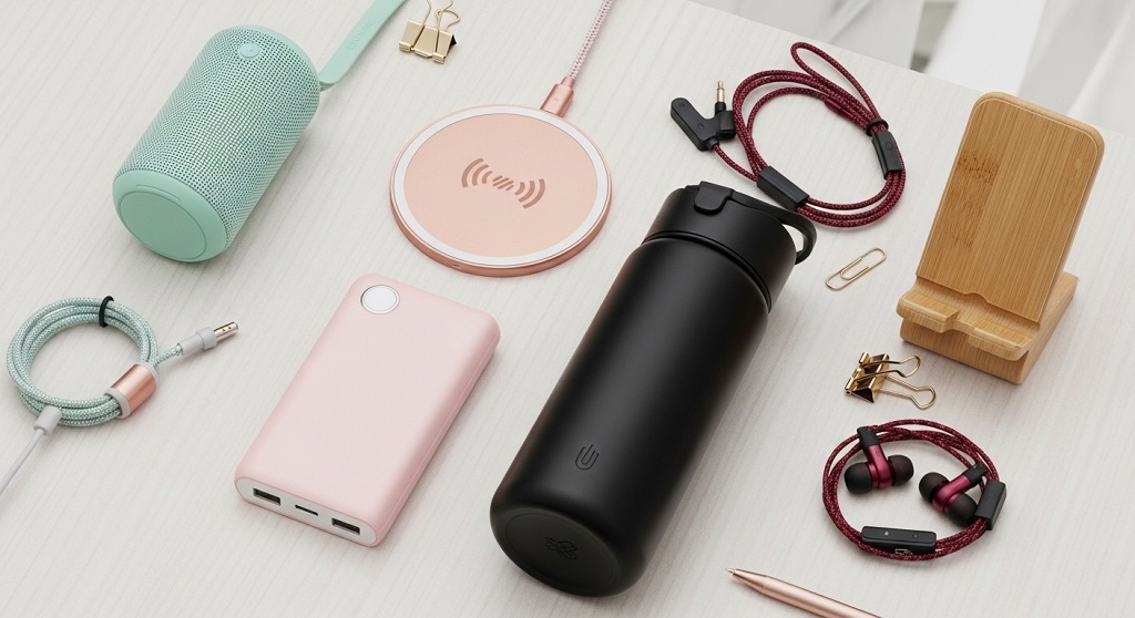 Budget-friendly smart gadgets for women arranged on workspace table