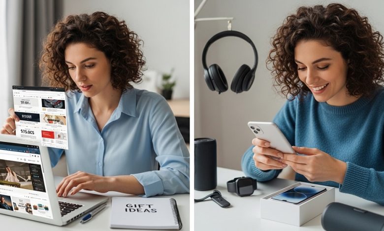 Affordable tech gifts for women including wireless earbuds fitness tracker and desk lamp