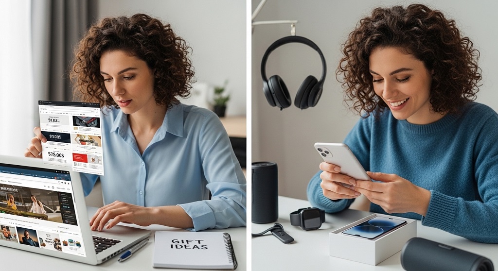 Affordable tech gifts for women including wireless earbuds fitness tracker and desk lamp