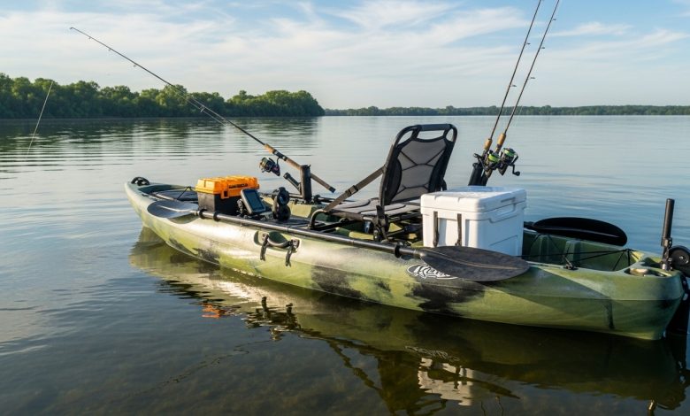 sit-on-top fishing kayak with rod holders and storage tankwell