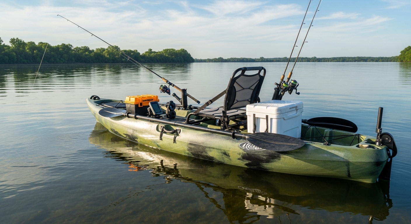 sit-on-top fishing kayak with rod holders and storage tankwell