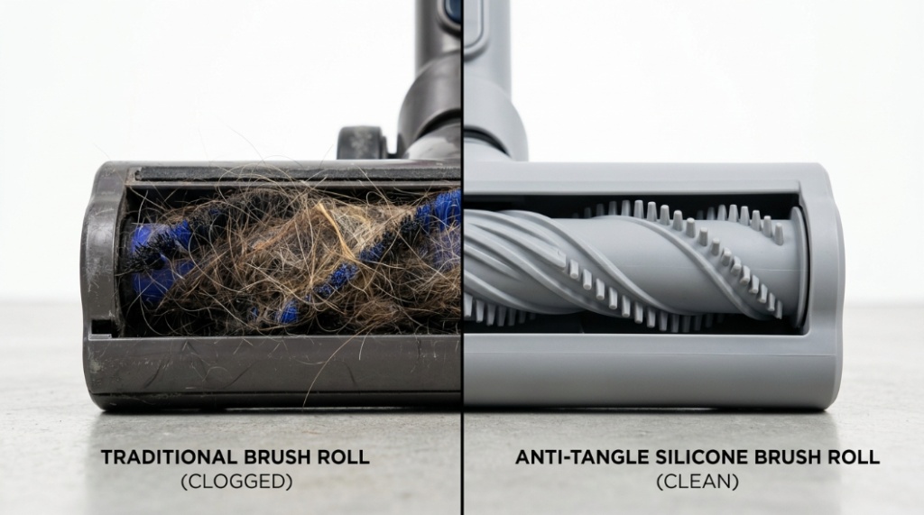 Comparison between a hair-clogged vacuum brush and a clean, anti-tangle silicone roller.