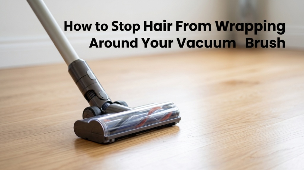Featured image showing a vacuum head with the title: How to Stop Hair From Wrapping Around Your Vacuum Brush.