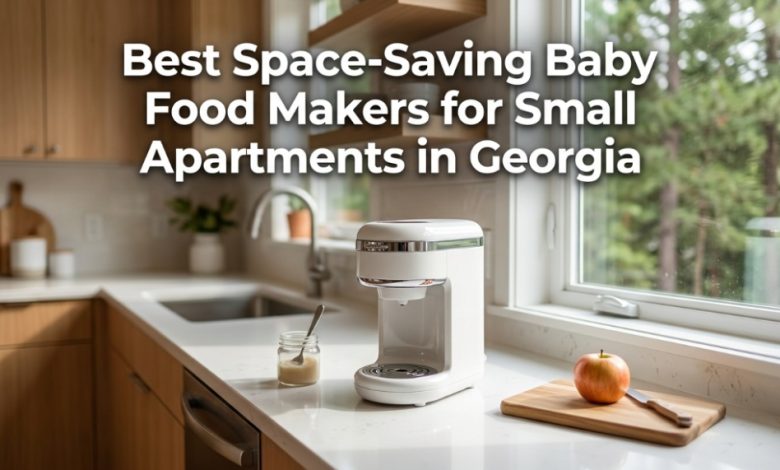 A compact baby food maker on a kitchen counter with text overlay about space-saving appliances.