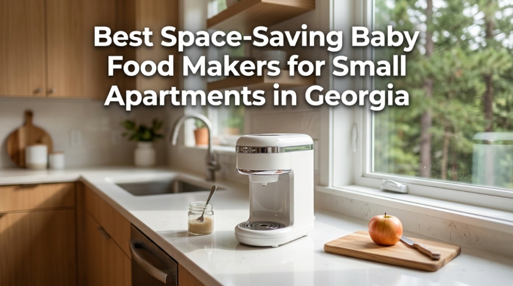 A compact baby food maker on a kitchen counter with text overlay about space-saving appliances.