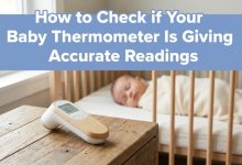 A digital baby thermometer on a nightstand with article title text overlay.