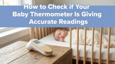 A digital baby thermometer on a nightstand with article title text overlay.