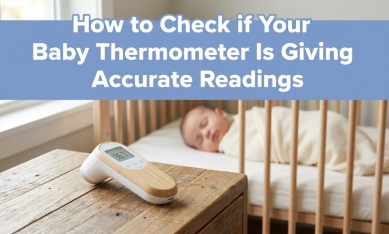 A digital baby thermometer on a nightstand with article title text overlay.