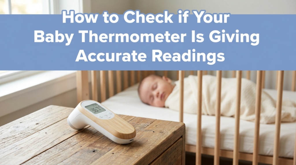 A digital baby thermometer on a nightstand with article title text overlay.