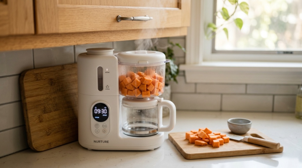 A small baby food blender steaming diced sweet potatoes on an apartment kitchen counter.