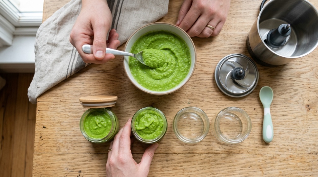 Fresh green vegetable puree scooped into small glass baby food jars on a table.
