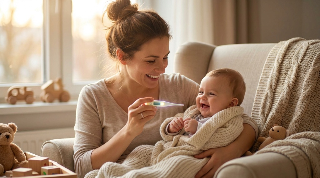 A smiling mother holding a digital thermometer next to her happy infant.