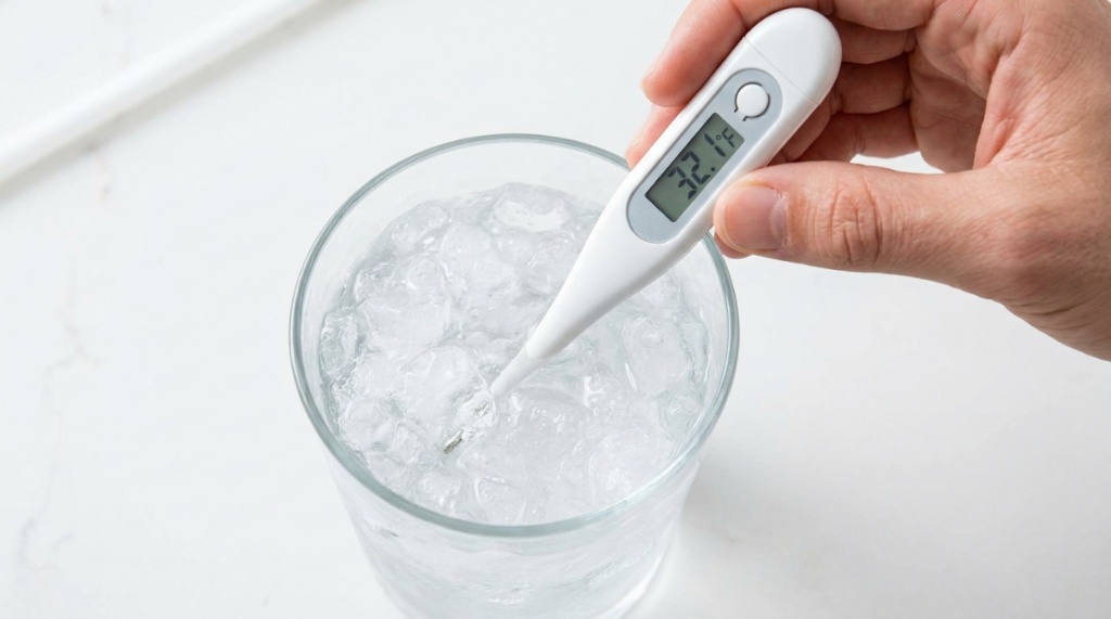 A hand dipping a digital thermometer into a glass of crushed ice water.