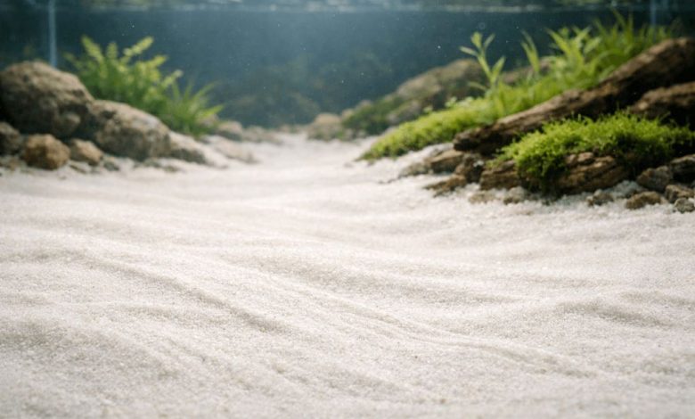 Fine aquarium sand creating a natural aquascape with aquatic plants