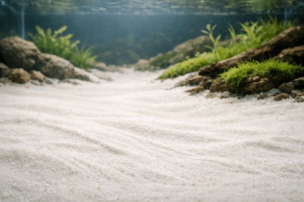 Fine aquarium sand creating a natural aquascape with aquatic plants