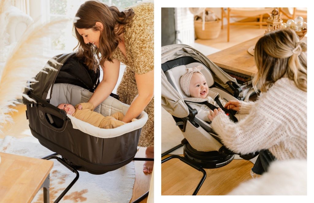 Baby travel essentials including stroller, bottles, blankets, and diaper bag