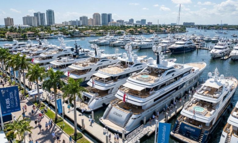 Rows of luxury superyachts docked along the floating marinas of the Superyacht Village during FLIBS 2026 in Fort Lauderdale, Florida