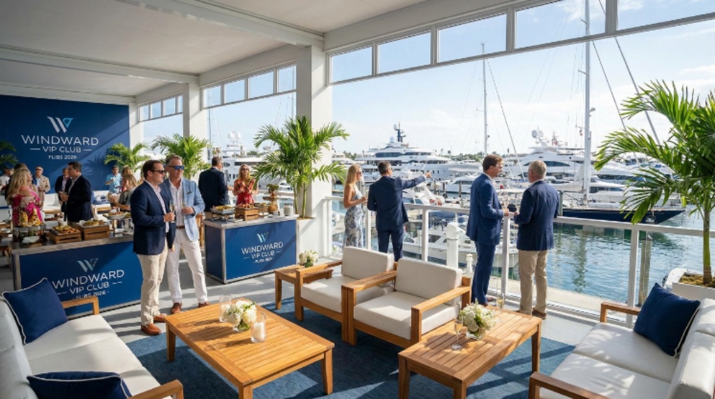 Visitors exploring the Windward VIP Club lounge with views of docked yachts at the Fort Lauderdale International Boat Show 2026