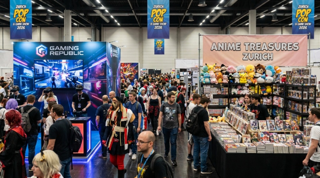 Visitors exploring gaming booths and anime merchandise at Zurich Pop Con and Game Show 2026