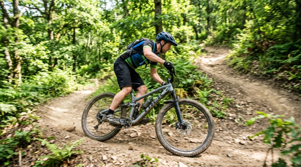 A budget mountain bike parked on a dirt trail in a sunny forest.