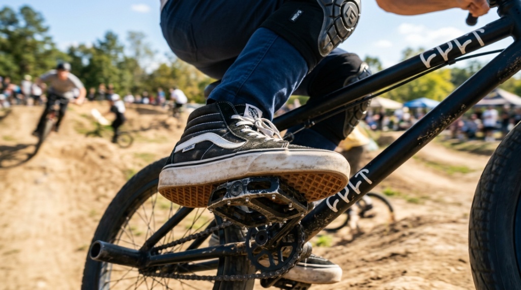 BMX rider maintaining solid foot stability while landing a flyout jump.