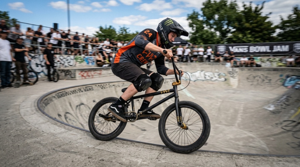 Rider wearing skate shoes correctly positioned on wide BMX platform pedals.