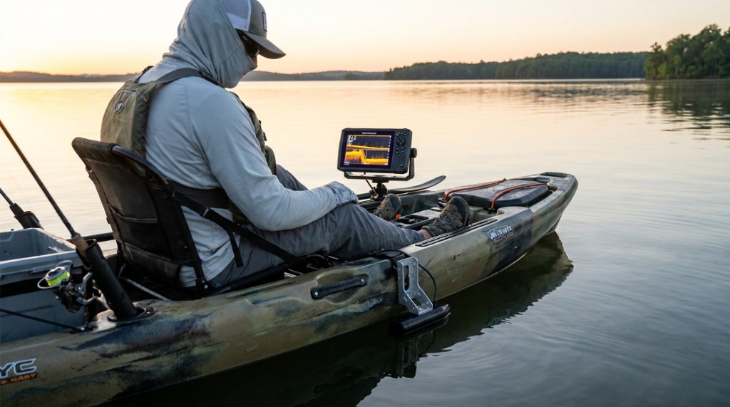 Angler using an attached fish finder on a specialized fishing kayak.