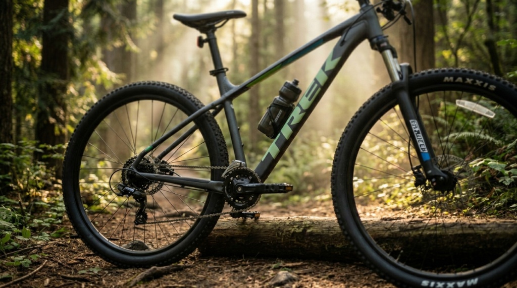 Close-up of hydraulic disc brakes on a mountain bike wheel.