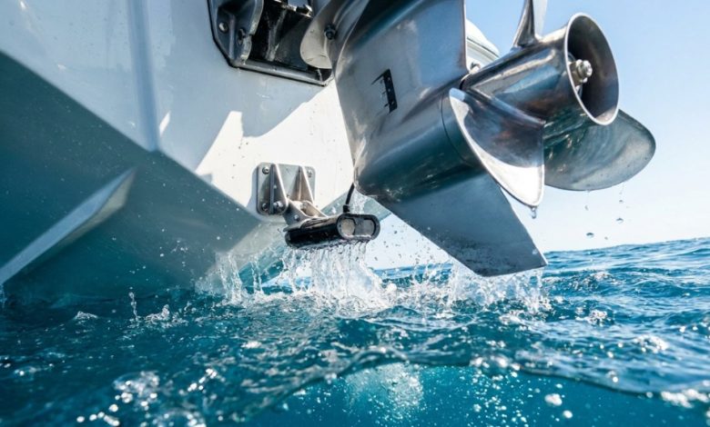 Transducer mounted on a boat transom for a fish finder tracking underwater depths.