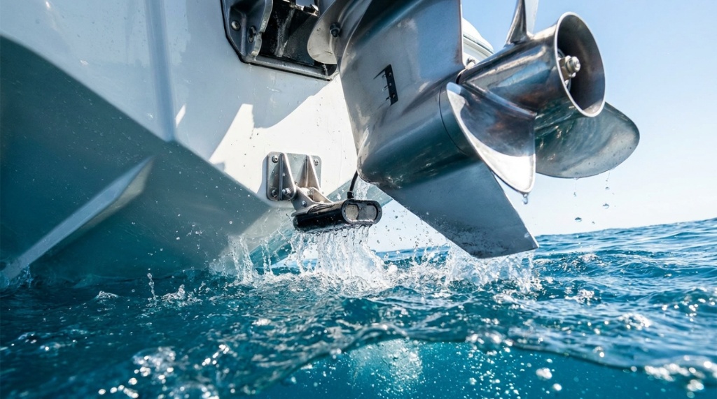 Transducer mounted on a boat transom for a fish finder tracking underwater depths.