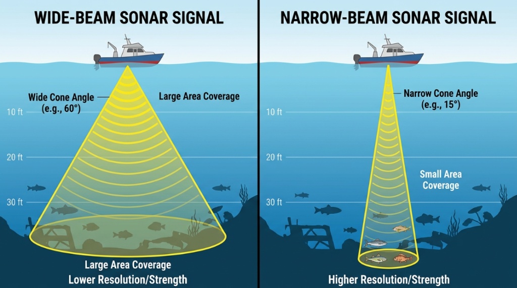Diagram comparing wide and narrow sonar beam angles for fish finder scanning.