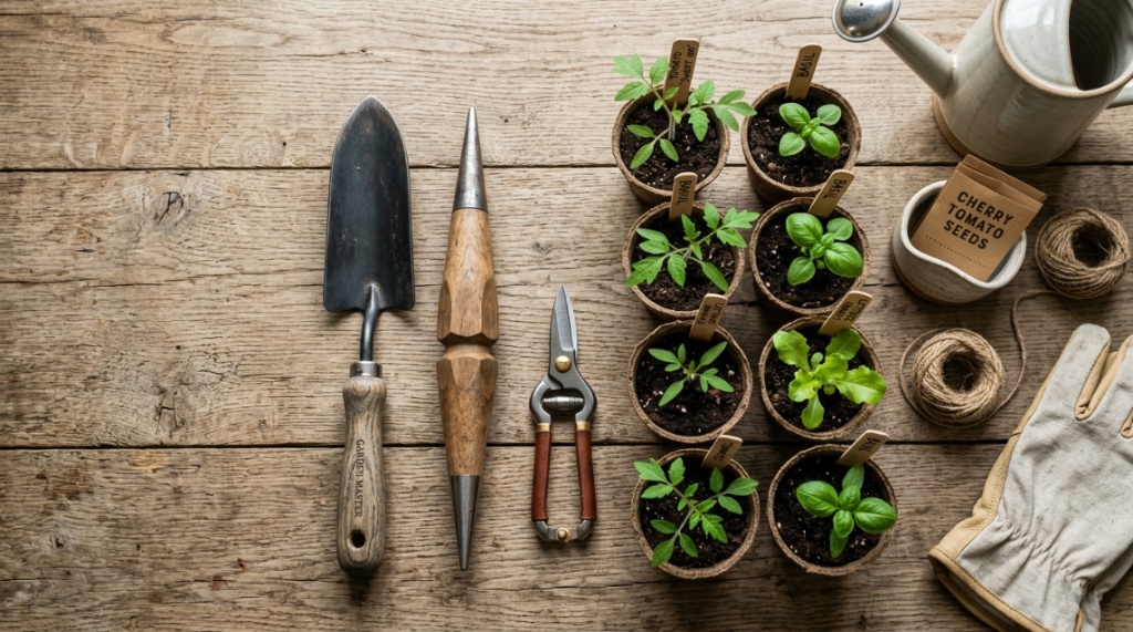 A canvas bag holding garden tools next to neatly spaced seedlings in a raised bed.