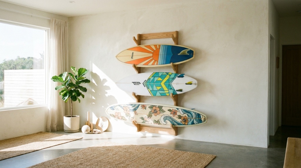 Three surfboards stand safely upright in a wooden indoor storage rack.