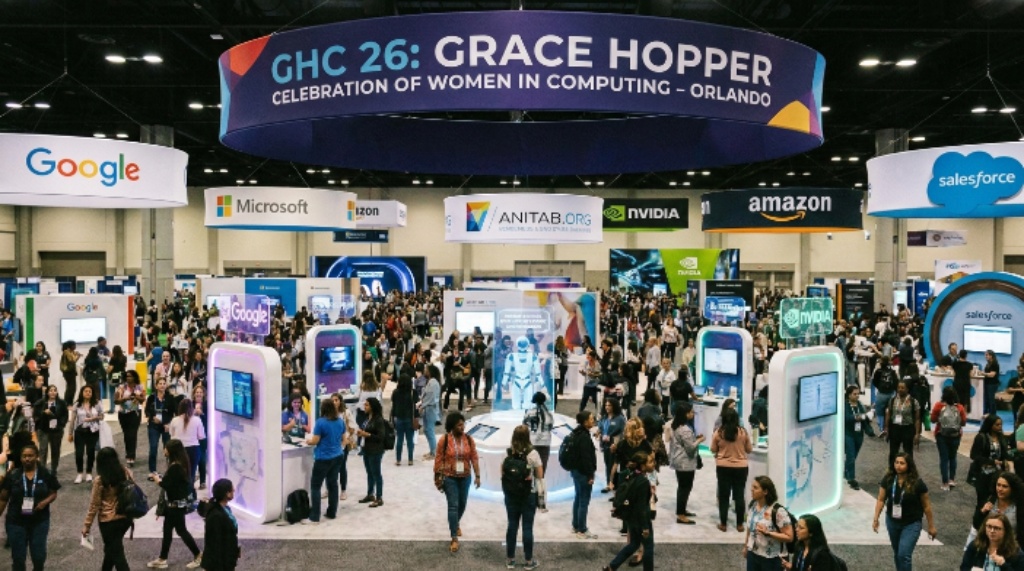 Tech expo floor at Grace Hopper Celebration 2026 with company booths