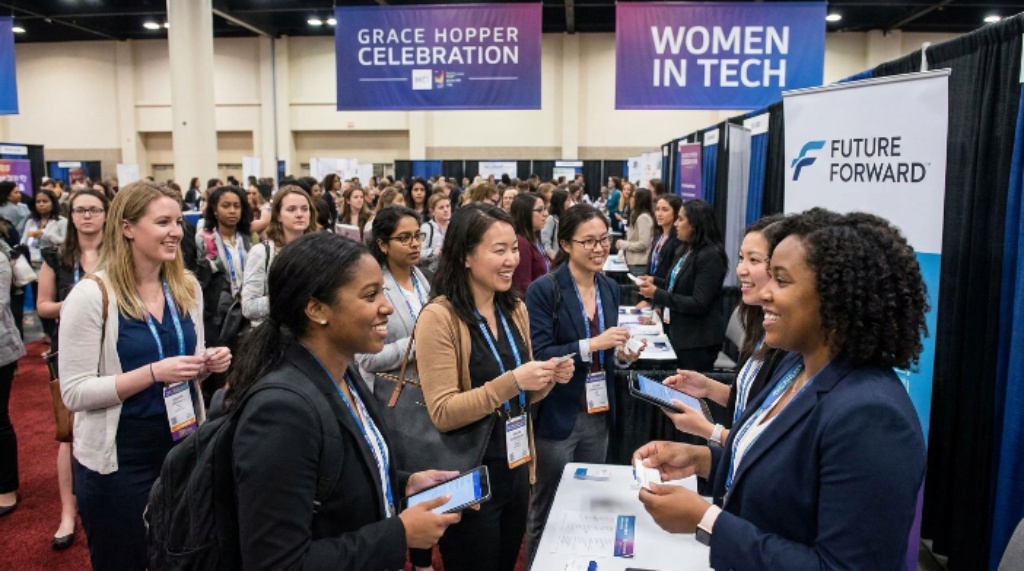 Diverse women technologists networking at Grace Hopper Celebration career fair
