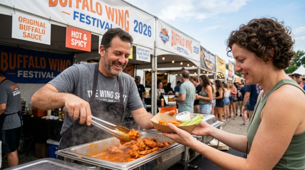 Wing vendor serving Buffalo-style chicken wings at the 2026 festival