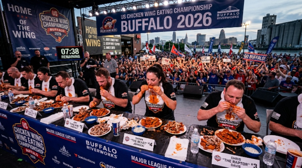 Competitive eaters at the US Chicken Wing Eating Championship Buffalo 2026
