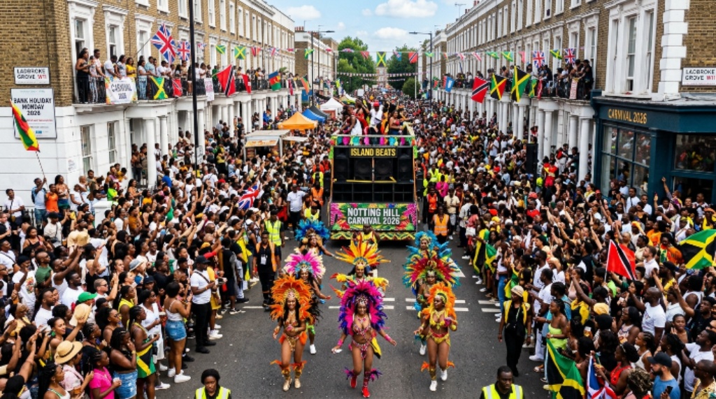 Crowds lining the 3.5-mile parade route along Ladbroke Grove during Notting Hill Carnival 2026 in West London on Bank Holiday Monday