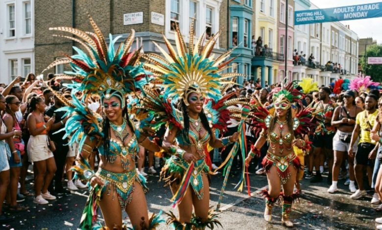 Masquerade bands in elaborate feathered costumes parading through the streets of Notting Hill during the Adults' Parade on Monday 31 August 2026