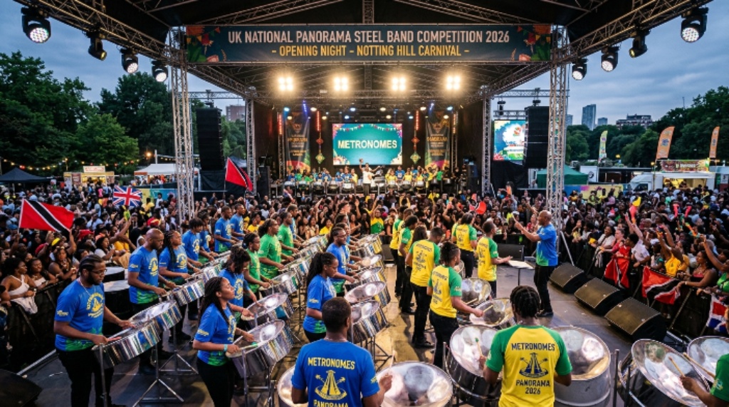 Steel band musicians competing at the UK National Panorama Steel Band Competition on the opening night of Notting Hill Carnival 2026 at Emslie Horniman's Pleasance Park